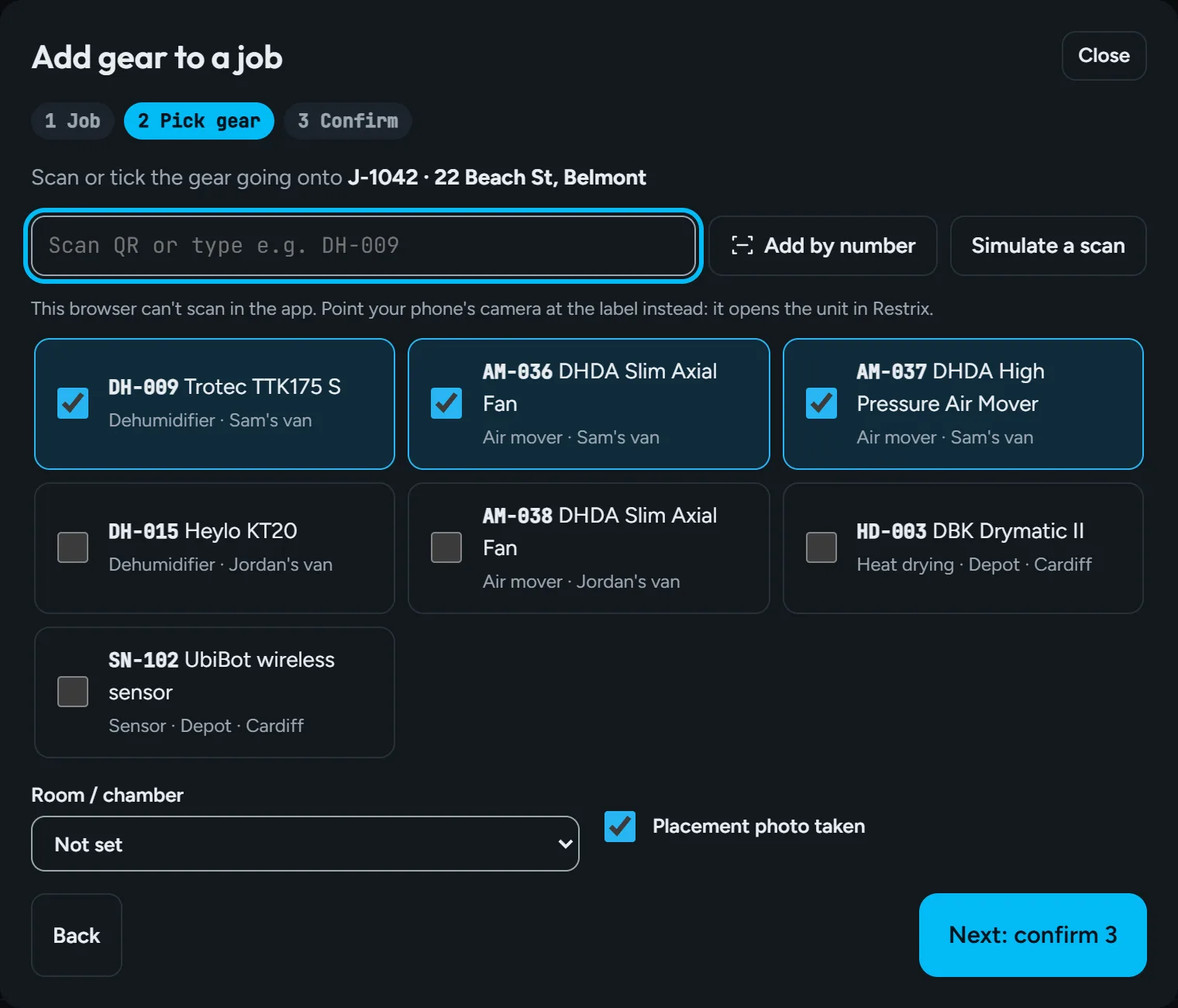 Add gear dialog with three units scanned onto a job