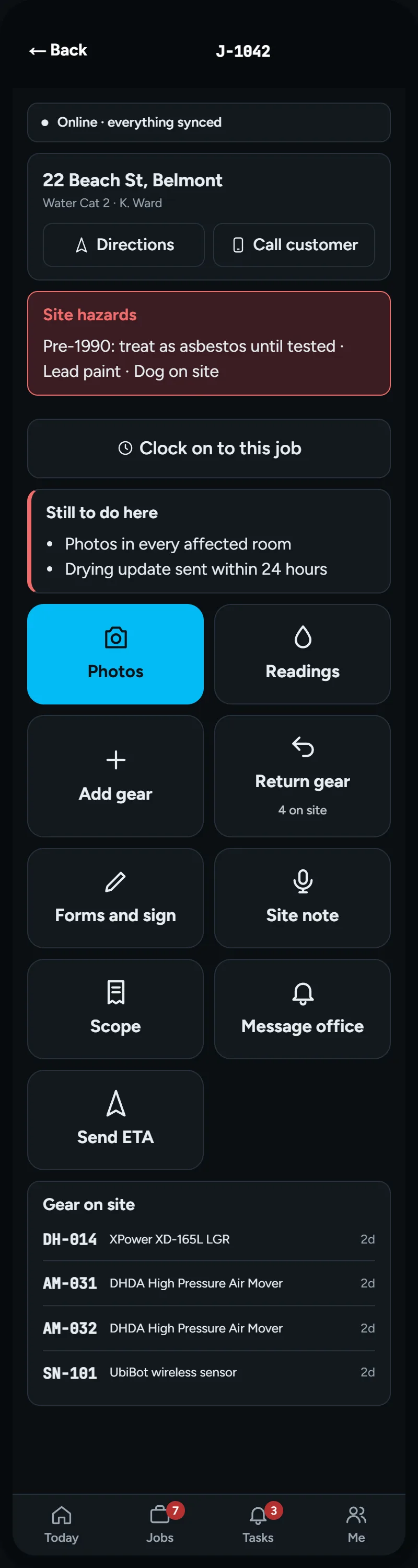Restrix field app on a phone: big Add gear and Return gear buttons, to-dos and gear on site