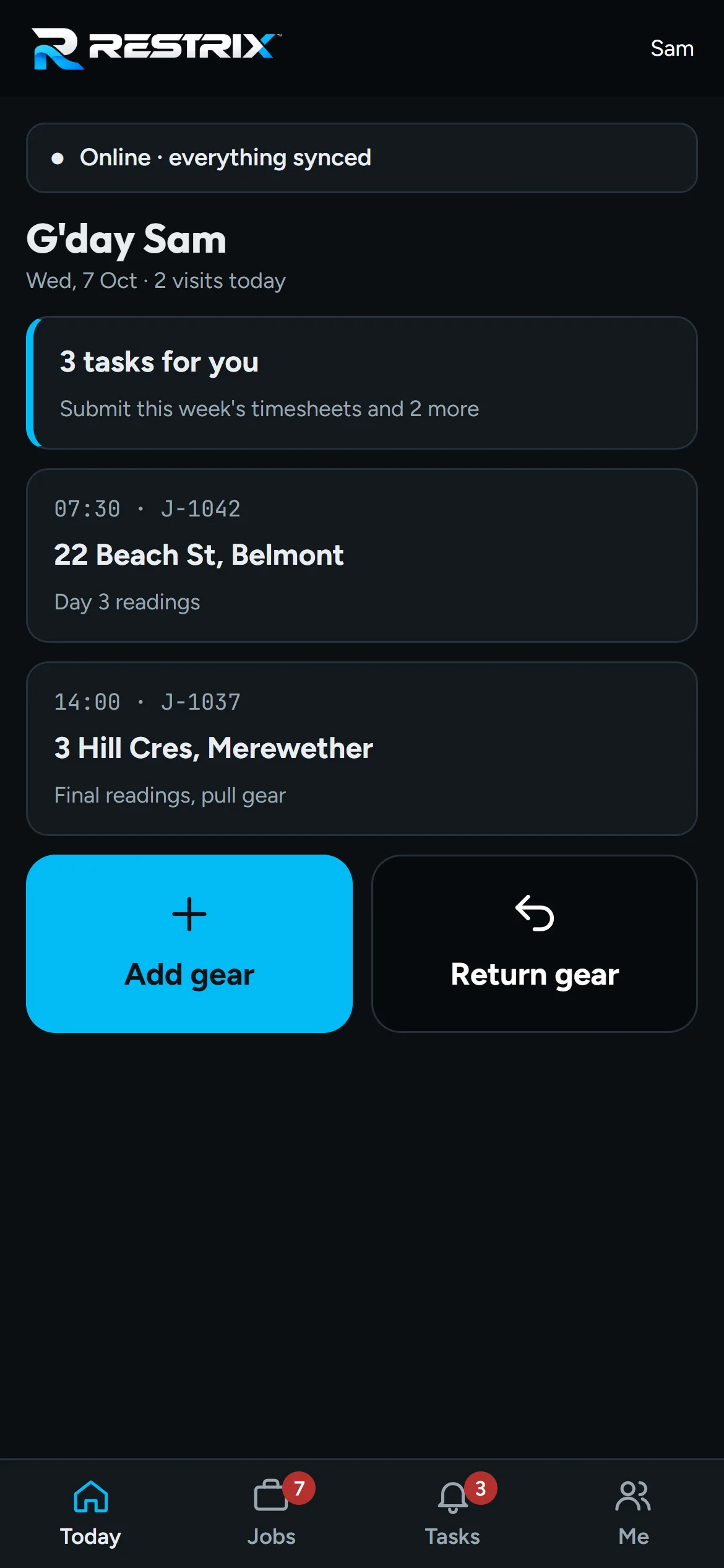 The field app on a phone showing today's visits