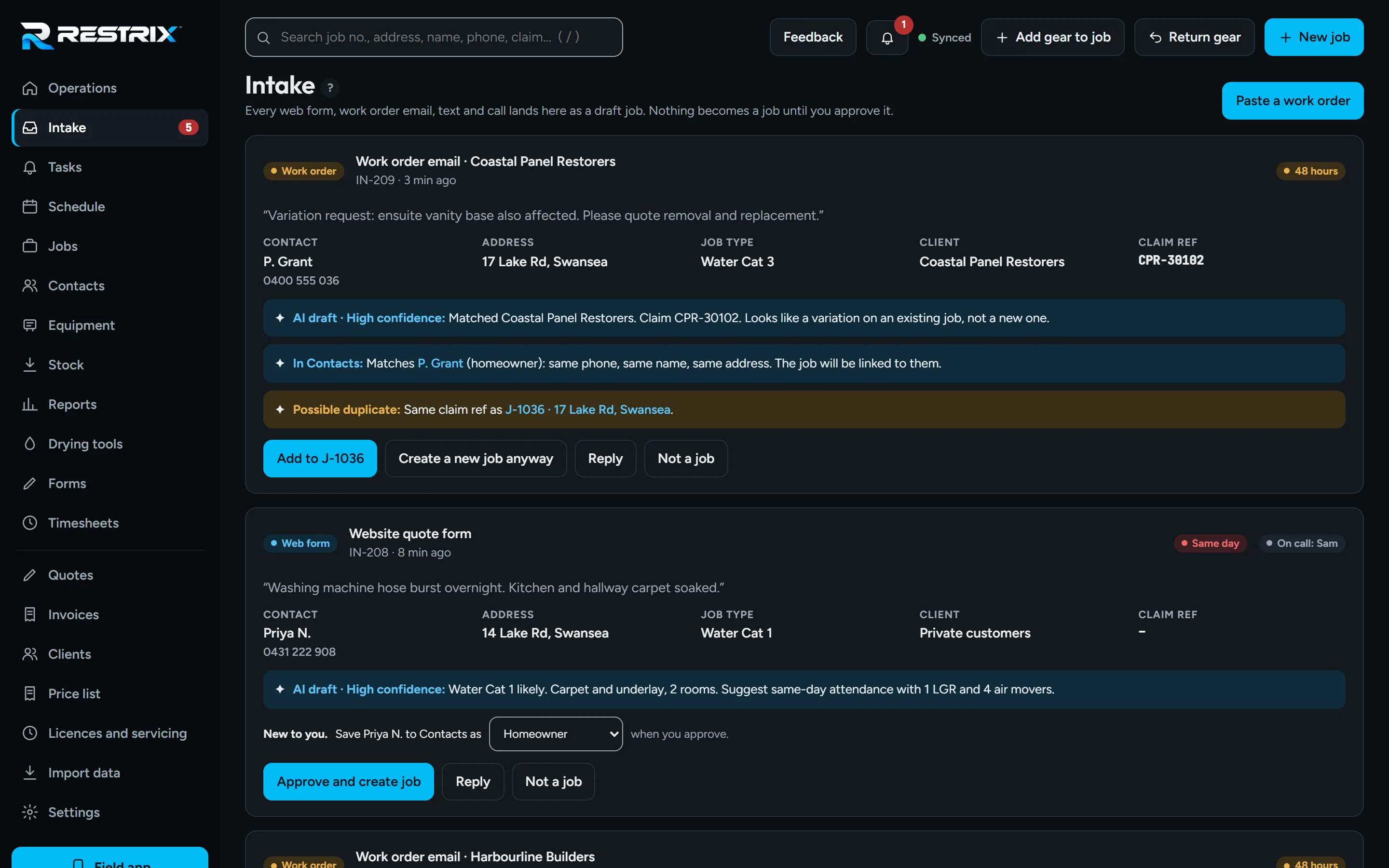 Intake inbox with work orders, web forms, texts and calls as AI-drafted jobs, one flagged as a possible duplicate